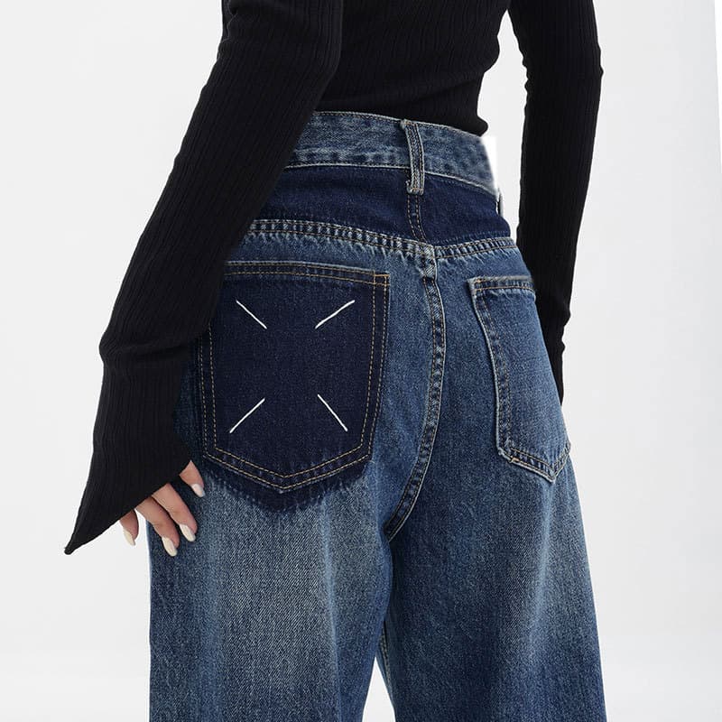 Korean floor-length jeans for women, high-waisted, casual pocket design, straight-leg pants, contrasting colors, loose niche, retro long pants