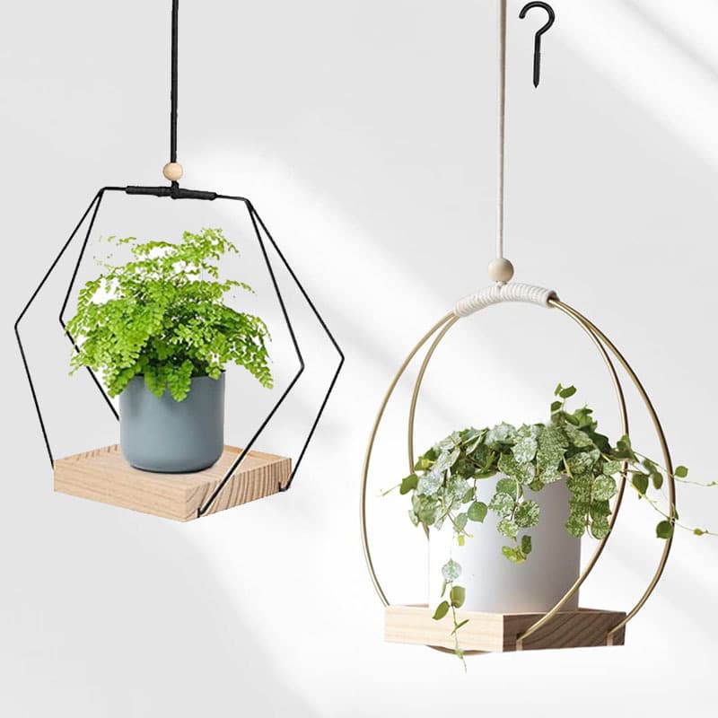 Hanging Plant Pots Wooden Iron Art Plant Stand Air Green Plant Pot Decoration Home Garden Balcony Living Room Bedroom Decor