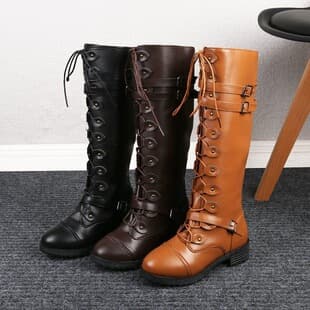 New 2025 Export Round Rivet Belt Buckle Square Heel PU European and American Women's Boots High Tube Autumn and Winter New Knight Boots
