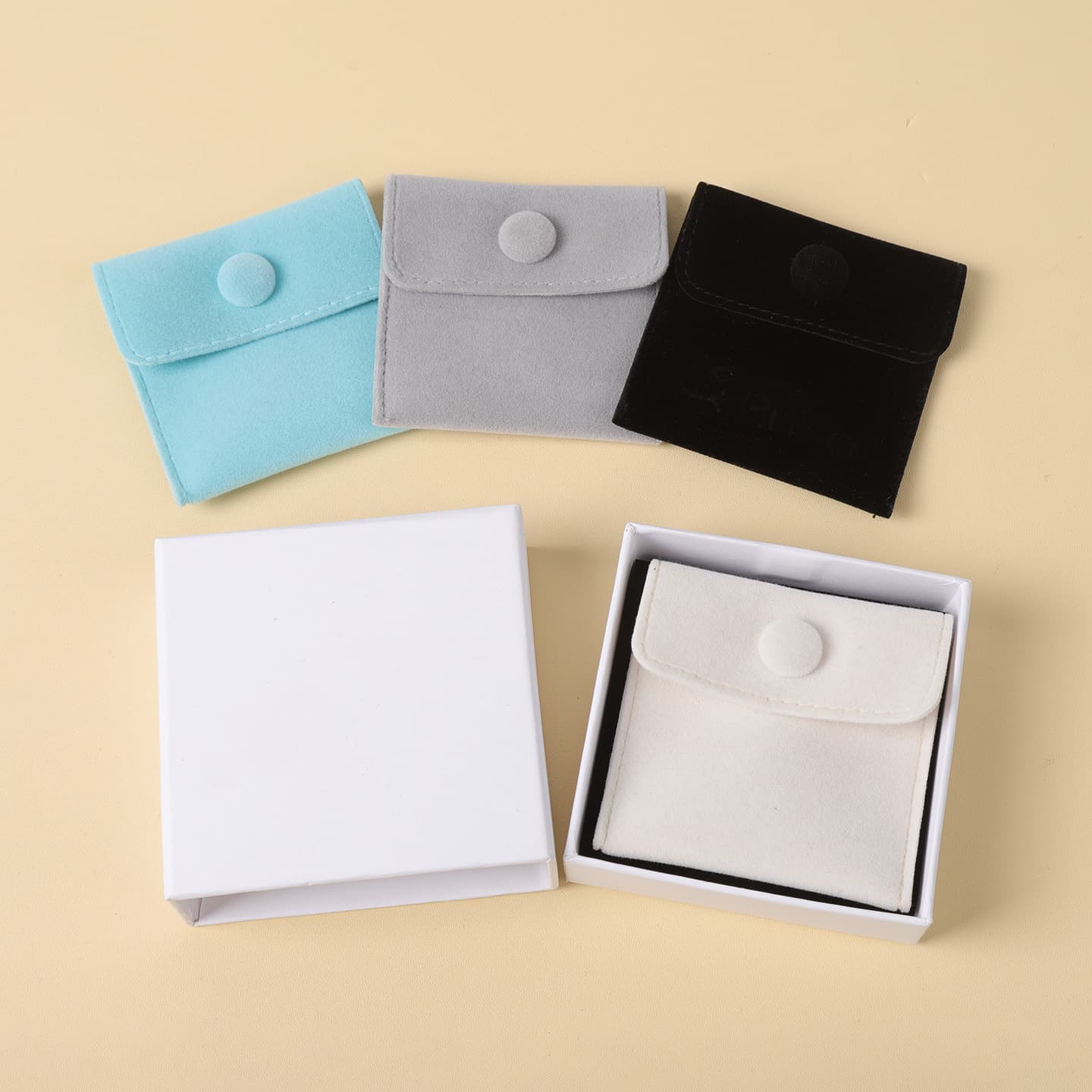 Simple Jewelry Storage Paper Box, Velvet Cloth Bag, Drawer Box, Thickened Snap Button Jewelry Bag for Rings, Necklaces, and Earrings