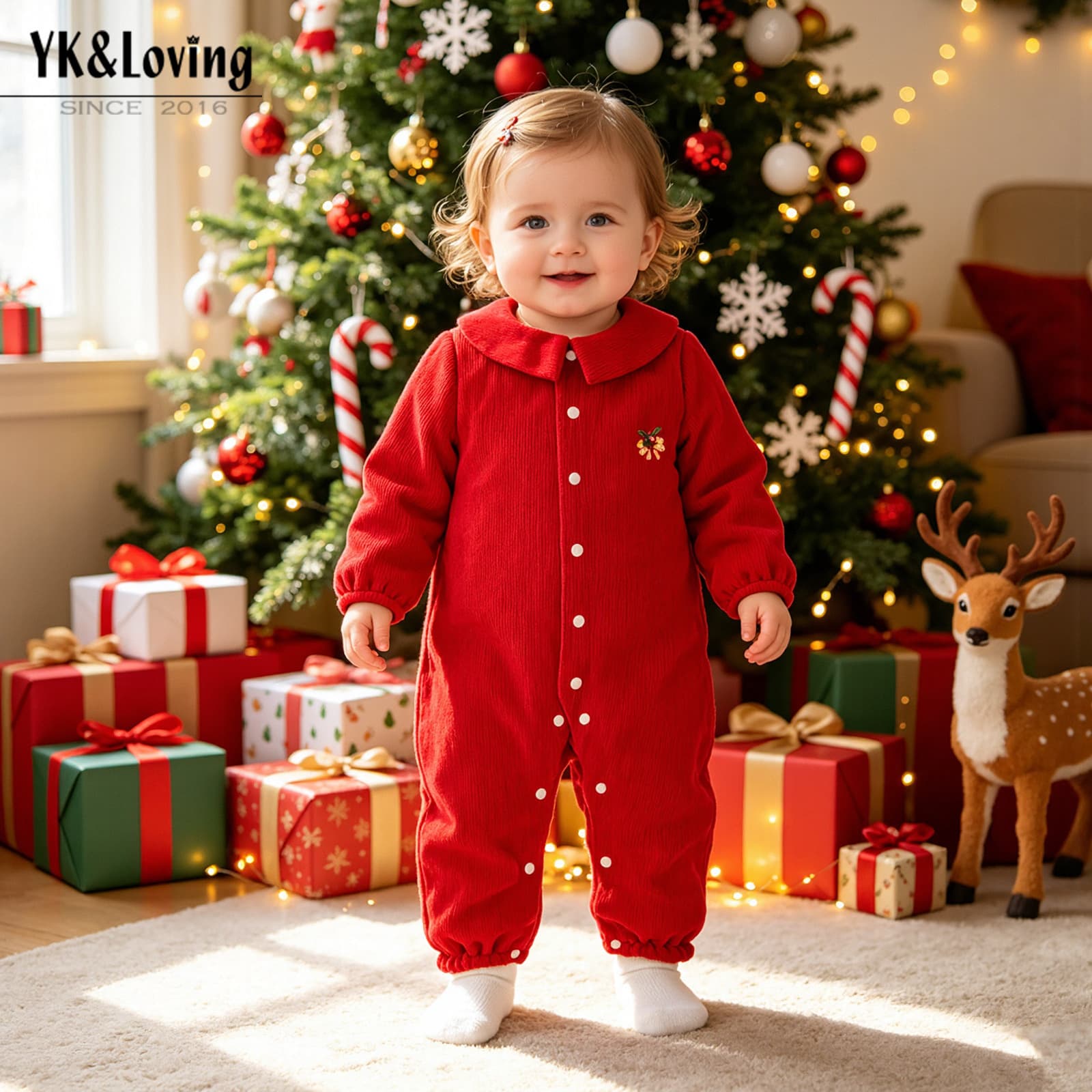 Cross-border children's clothing wholesale Christmas baby onesies cute embroidered flowers long-sleeved baby romper festive dress