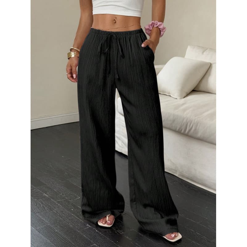 2026 Summer New Cross-Border Women's Casual Solid Textured Fabric Knot Waist Slant Pockets Wide-Leg Pants