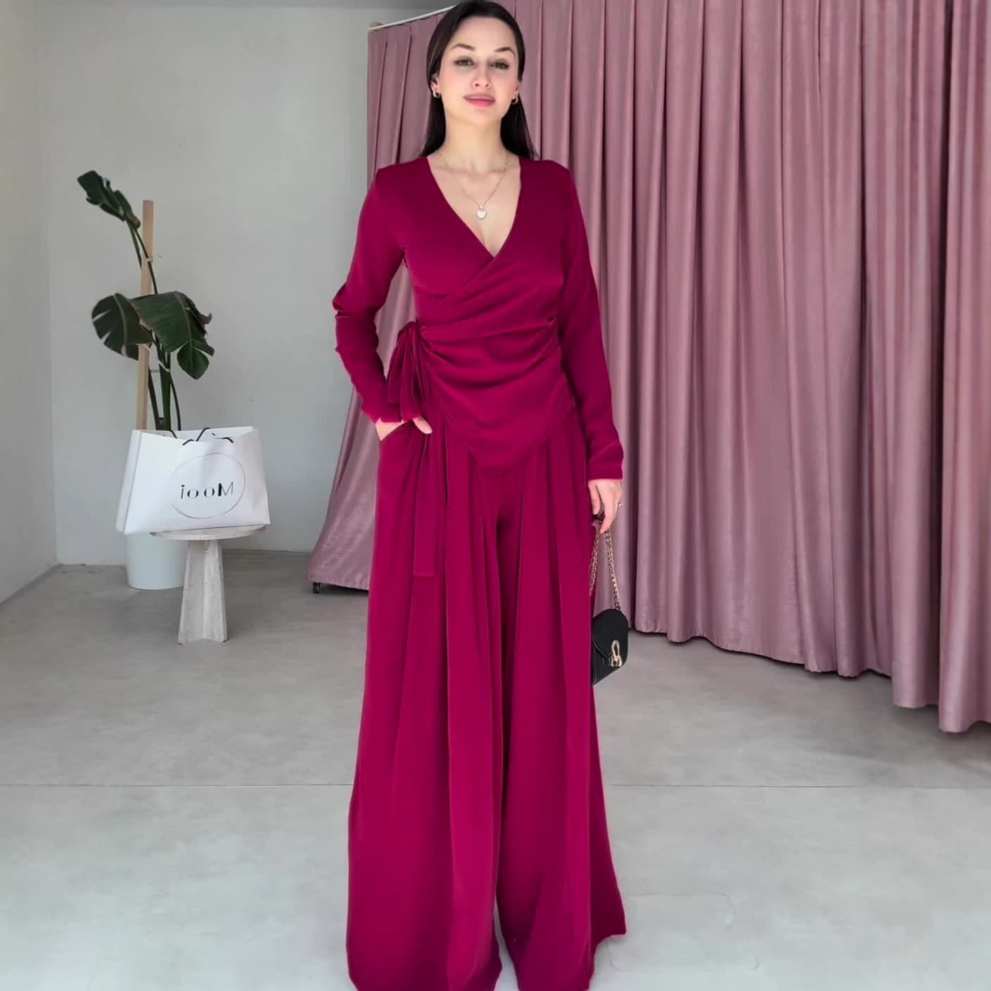 2025 Autumn New French Style Cross Tie Top High-Waist Wide-Leg Skirt Pants Wabi-Sabi Two-Piece Set