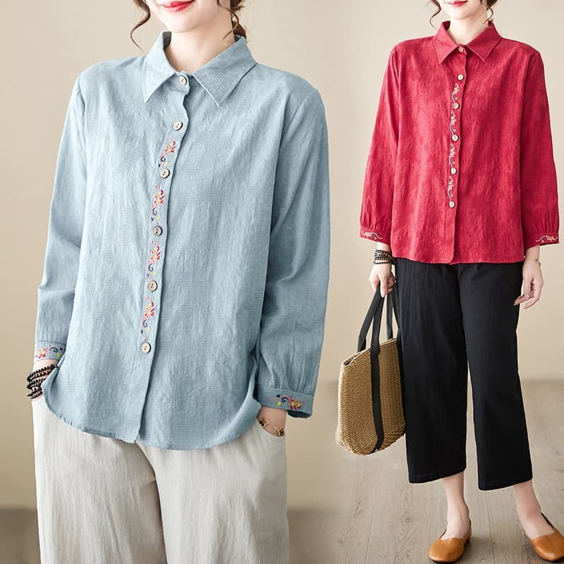 Cotton Linen Embroidered Lapel Shirt for Women 2026 Autumn New Style Three-Quarter Sleeve Undershirt Loose Plus Size Blouse