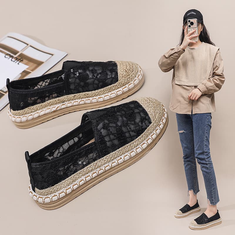 Cross-border Lace Breathable Fashion Fisherman Shoes for Women 2025 Spring New Linen Woven Loafers Casual Flat Shoes