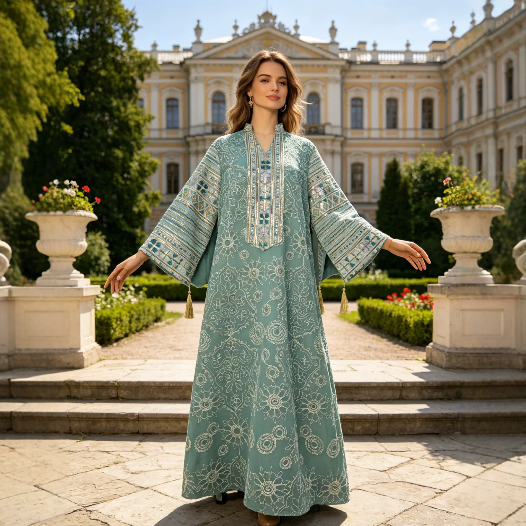 New Cross-Border Factory Stock Elegant Embroidered Abaya Dress with Fashionable Wide Sleeves and Tassel Embroidery for Women