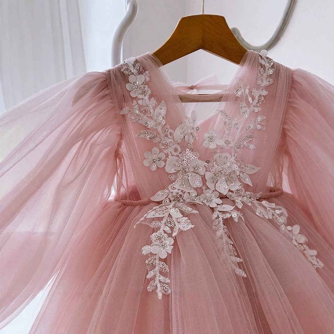 Girls' Pink Birthday Party Dress, Exquisite Princess Gown with Bow, Cute Tutu Skirt for Toddlers