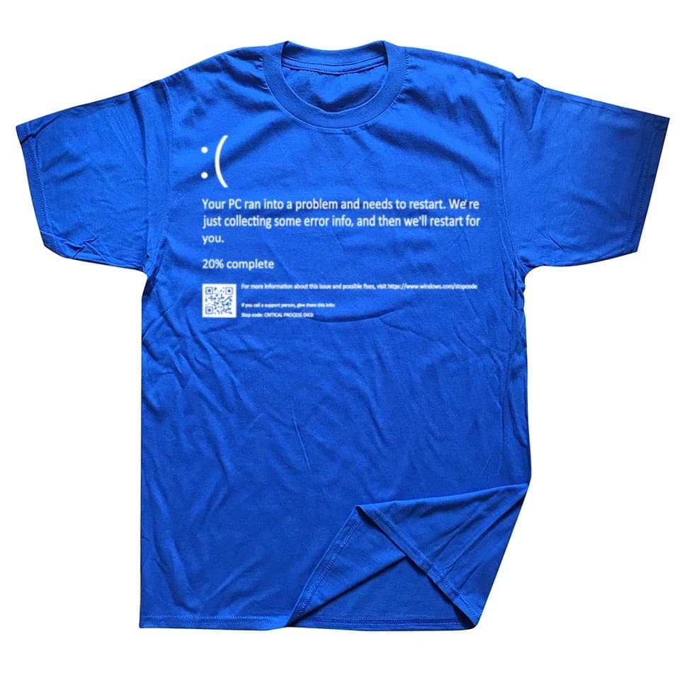 Funny Blue Screen of Death Geek Halloween Party Graphic T-Shirt Men's Fashion Casual T-Shirt 100% Cotton Loose