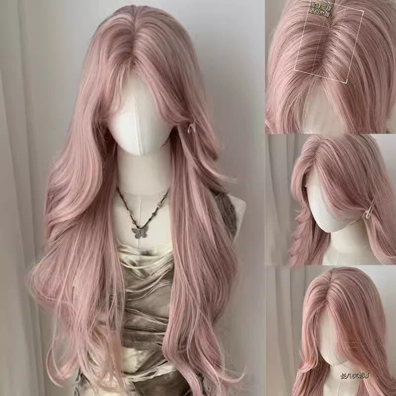 Women's Full Wig Long Curly Hair Fashionable Long Curly Hair with 8-Character Bangs Big Waves Full Wig Cap Style Ash Pink