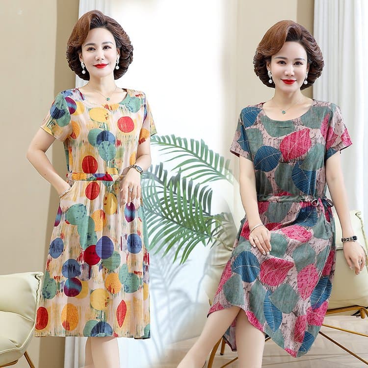 Artificial Cotton Dress for Middle-aged and Elderly Women Summer Fashionable Mother Cotton Silk Dress Mid-length Style