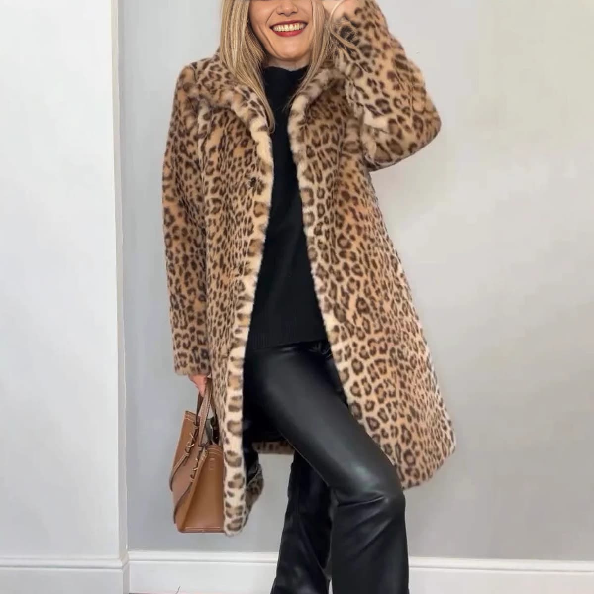 2024 Amazon AliExpress Independent Store Autumn Winter Fashion European American Leopard Print Plush Mid-Length Coat 3045