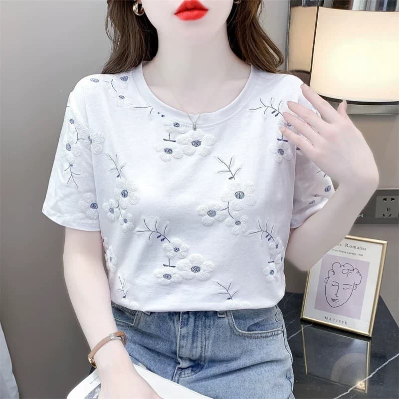 Pure Cotton Short-Sleeved T-Shirt for Women 2026 Summer New Style Loose Large Size Cotton White Printed Half-Sleeved T-Shirt Top