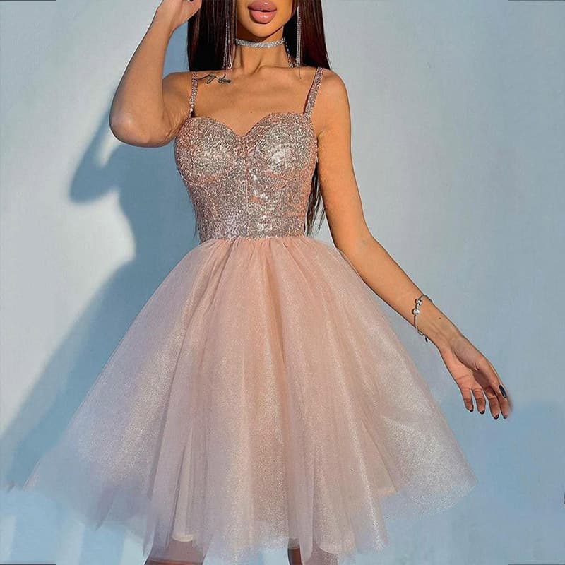 Ruched Bodycon Formal Party Pink Glitter Short Dress Fashionable Tulle Strapless A-Line Dress for Women