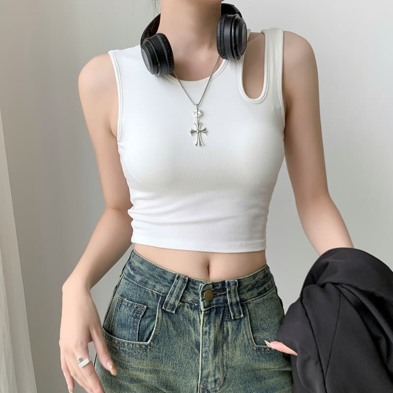 White Camisole with Padded Bra for Women Summer 2026 New Irregular Ribbed Tight Crop Top Vest Outerwear