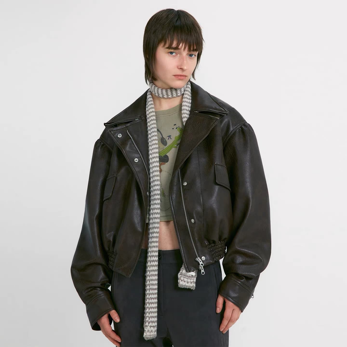 F*cade pa*tern motorcycle style leather jacket women's autumn and winter silhouette design loose casual zipper jacket