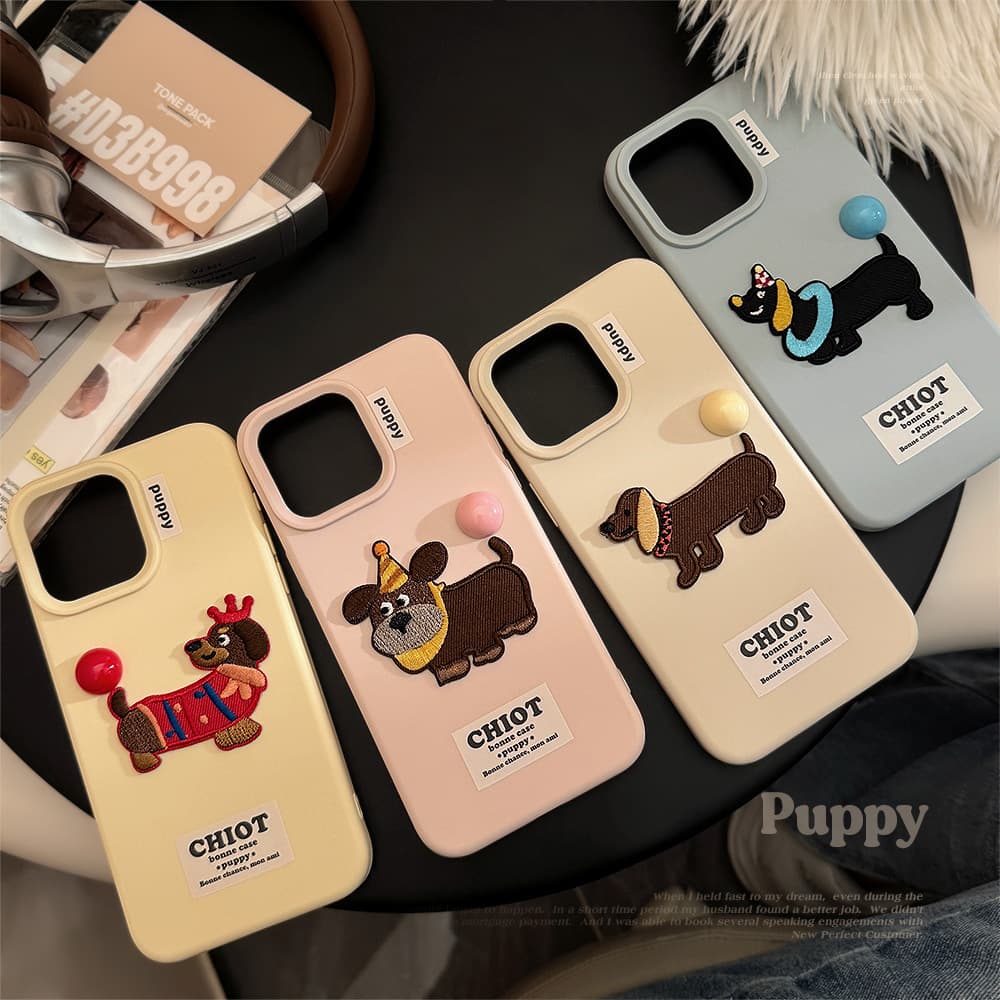 3D Colorful Ball Embroidery Dachshund Phone Case for iPhone 17 Pro Max, Apple 16, iPhone 14, Compatible with 13 Silicone