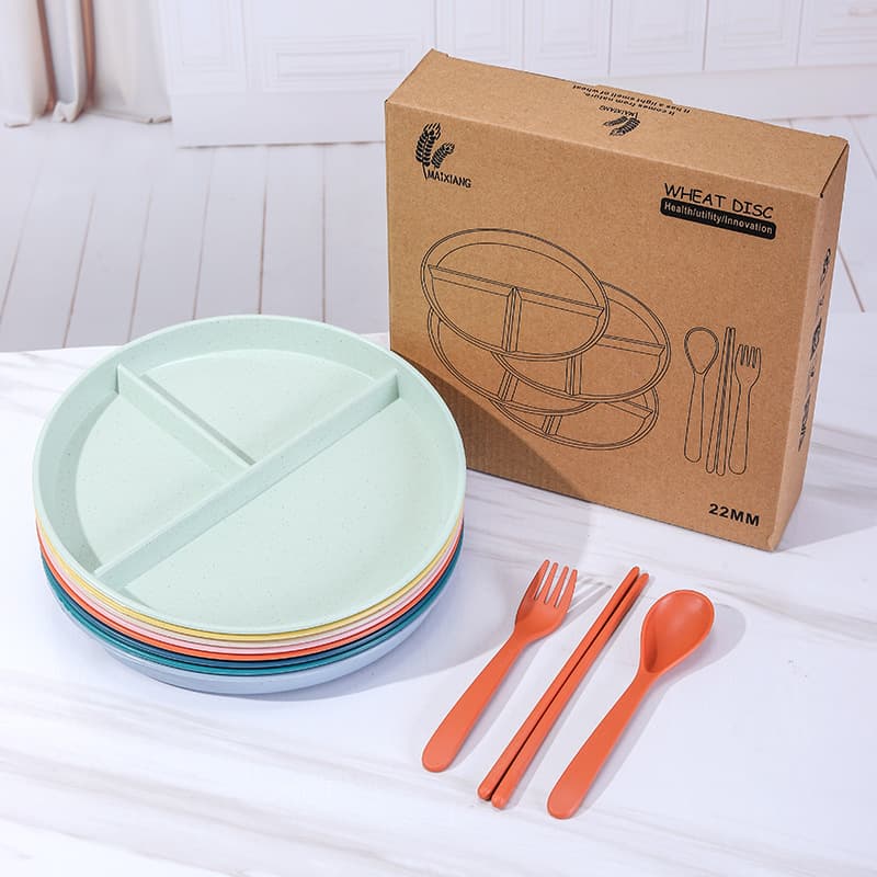 Three-Compartment Weight Loss Meal Plate 4-Piece Set, Wheat Straw Anti-Fall Household Plate, 3-Compartment Meal Plate for Diet