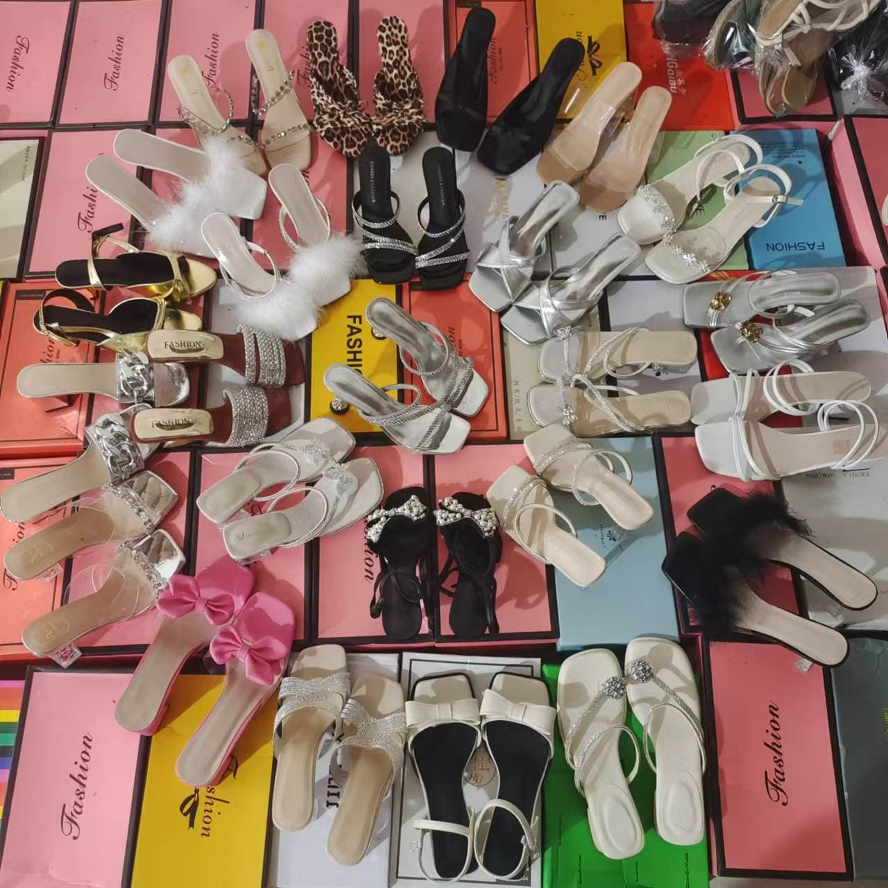 2025 New Rhinestone Open Toe Women's Sandals Thin Heel Crystal Strap Sandals Slippers Back Hollow High Heels