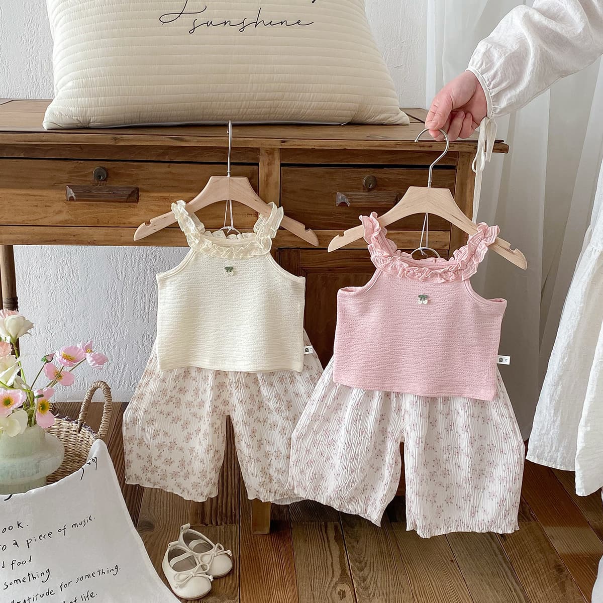 Korean style baby clothes suspenders summer cute set baby girl suit floral summer split two-piece set thin