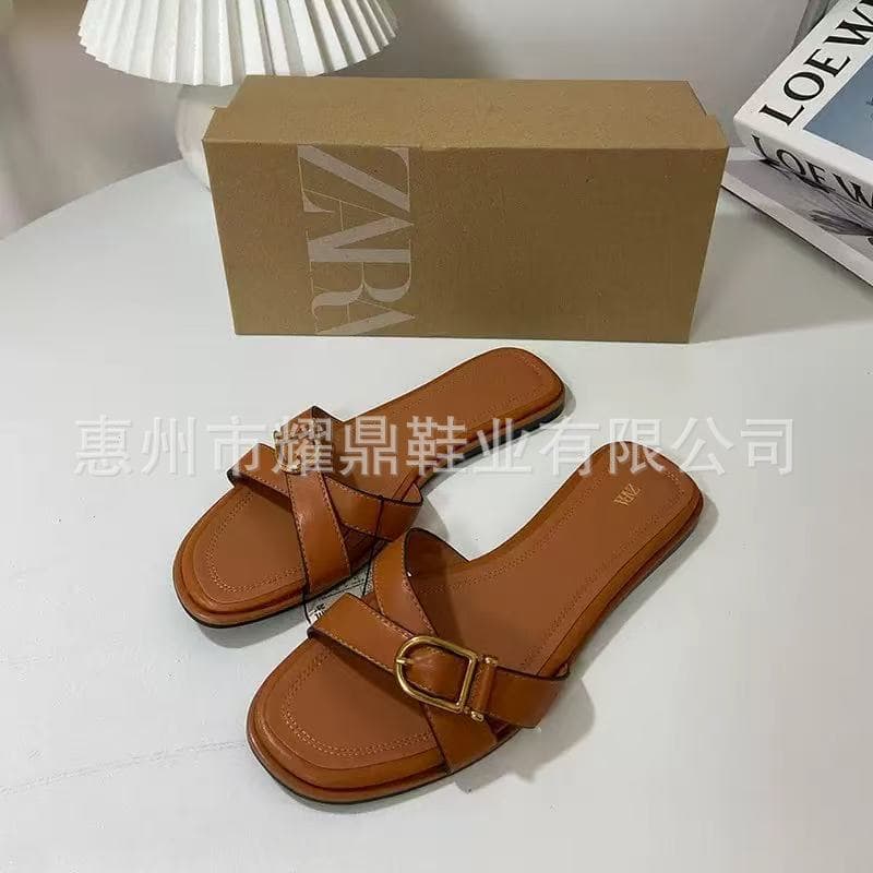 ZA new high-quality flat women's shoes with cross strap buckle metal buckle leopard print open toe back sandals and slippers for women