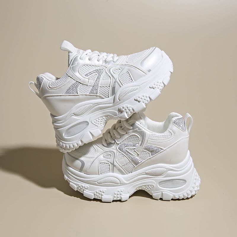 2025 New Spring/Autumn Mesh Breathable White Sports Shoes for Women, Platform Dad Sneakers for Petite Height