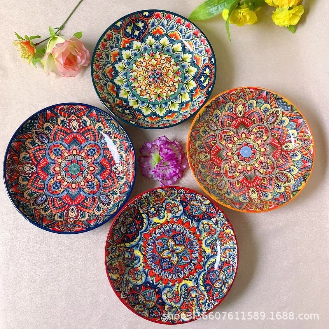 Cross-border Bohemian Ceramic Dinnerware Bowls and Plates Vintage Hand-painted Rice Plate Dish Home Luxury Deep Plate