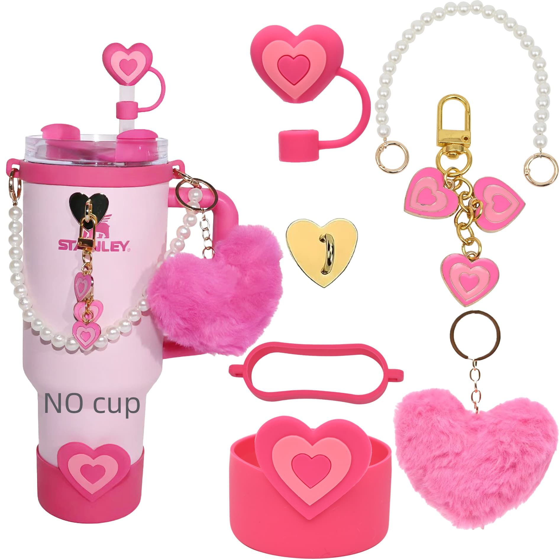 Heart 7-Piece Set Stanley Cup Accessories Heart Pom-Pom Pearl Bracelet Heart Straw Cap Heart Hook
