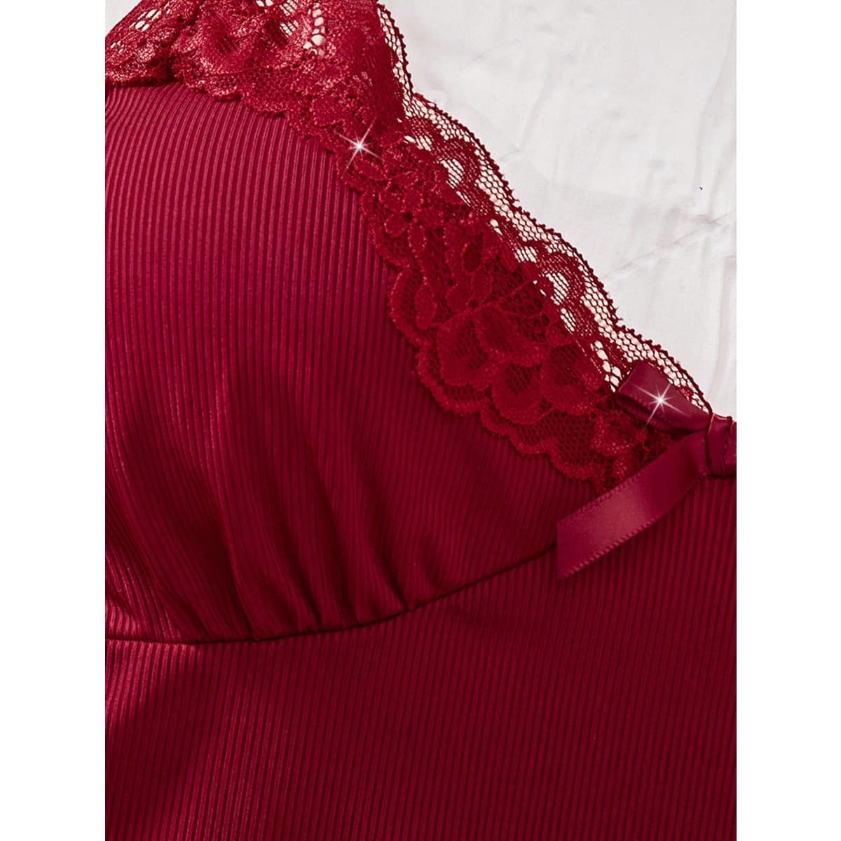 Cross-border Hot Selling Red Ribbed Pajama Set with Lace Trim, Sexy and Comfortable, Factory Direct.