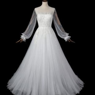 Women's Wedding Dress White Long Train Tulle Dress Lace Sparkling Sequins Long Sleeve Dress Wedding Host Banquet
