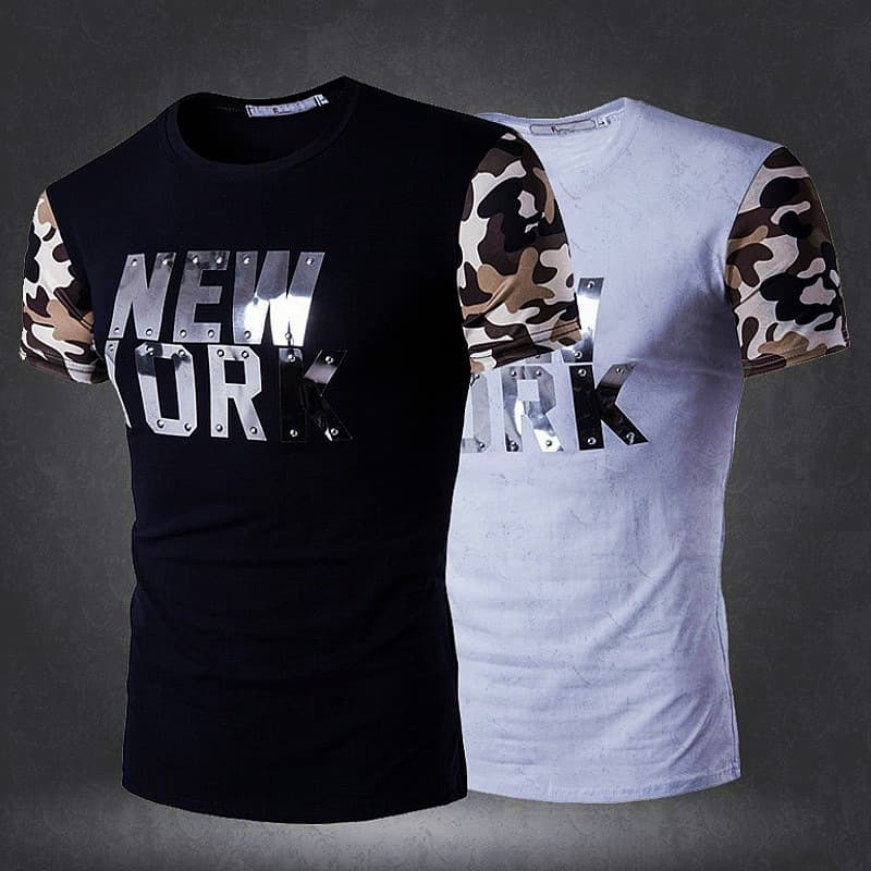 Cross-border new camouflage sleeve splicing four seasons men's casual sports T-shirt thin fashion round neck letter printed body