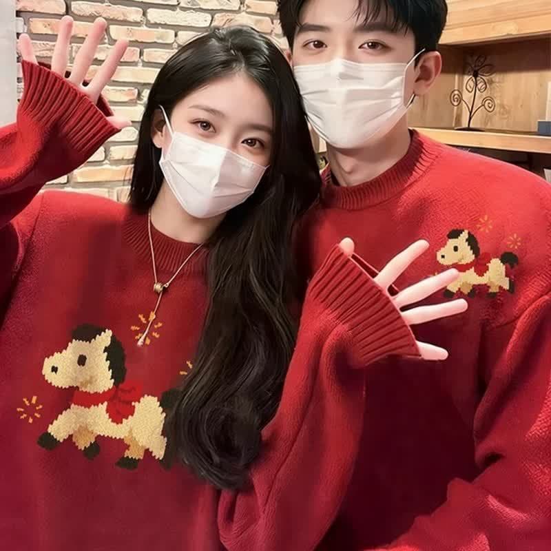 2026 New Year Round Neck Sweater for Men and Women, Couple Style, Red, Casual, Fashionable, Warm Knitwear