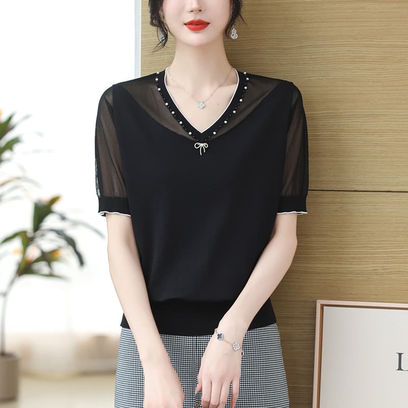 Ice Silk Short-Sleeved Knitwear Women's T-Shirt 2026 New Summer Style for Young Mothers Thin Loose V-Neck Sexy Cut Out Top