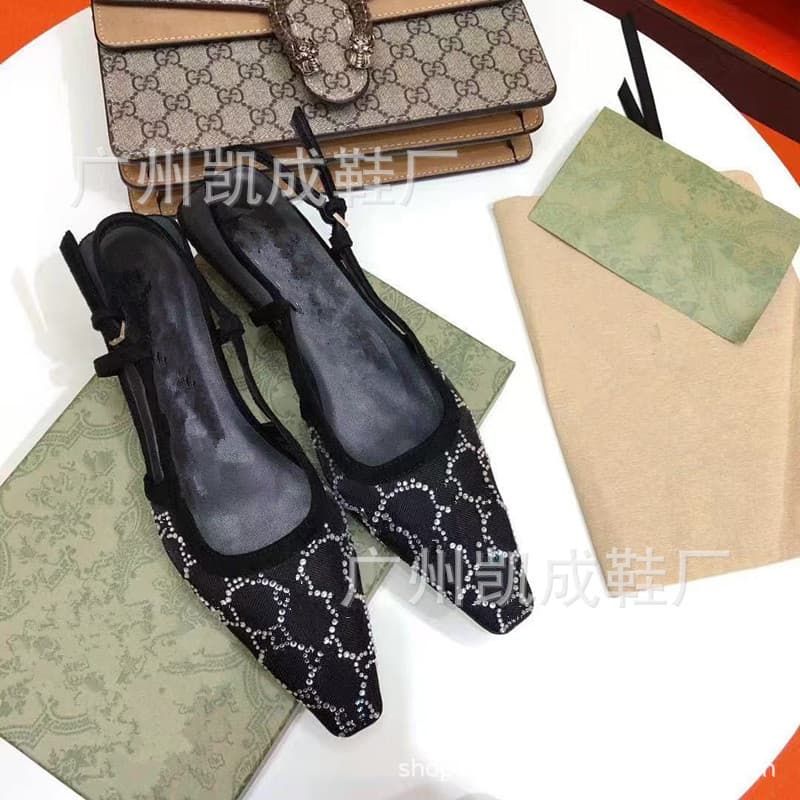 Women's Mesh Toe Sandals 2024 Spring New G-Style One-Strap Rhinestone Square Toe Kitten Heel Fashion High Heel Shoes