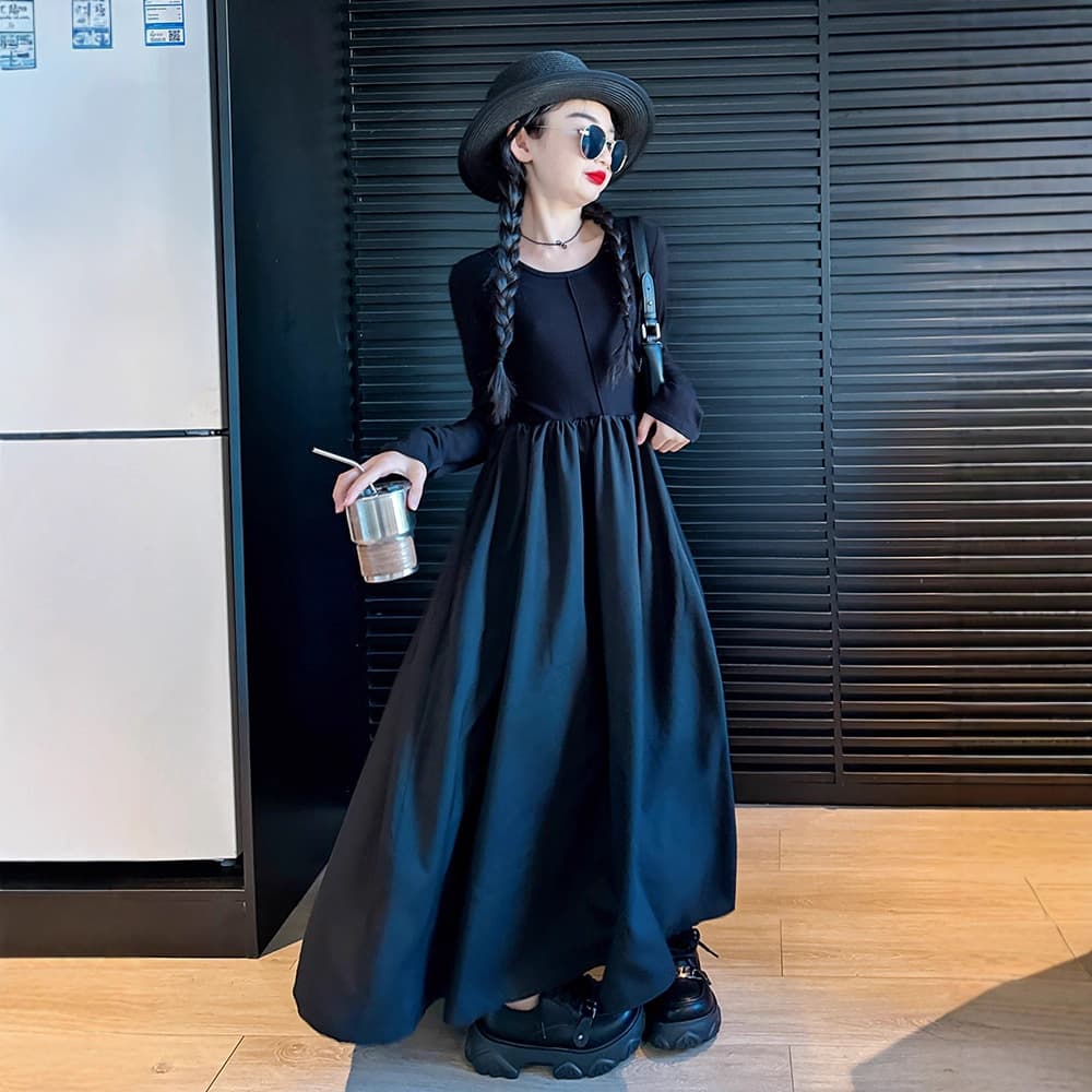 Girls Black Dress Autumn 2025 New Girl Hepburn Style Princess Dress Girls Autumn Fashionable Long Dress