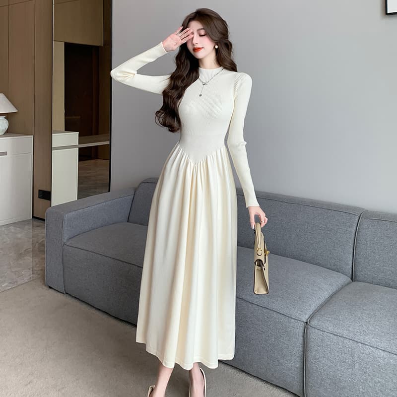 Actual Shot Half Turtleneck Long Sleeve Knit Dress Women Winter Coat Inner Layered High Waist French Style Dress