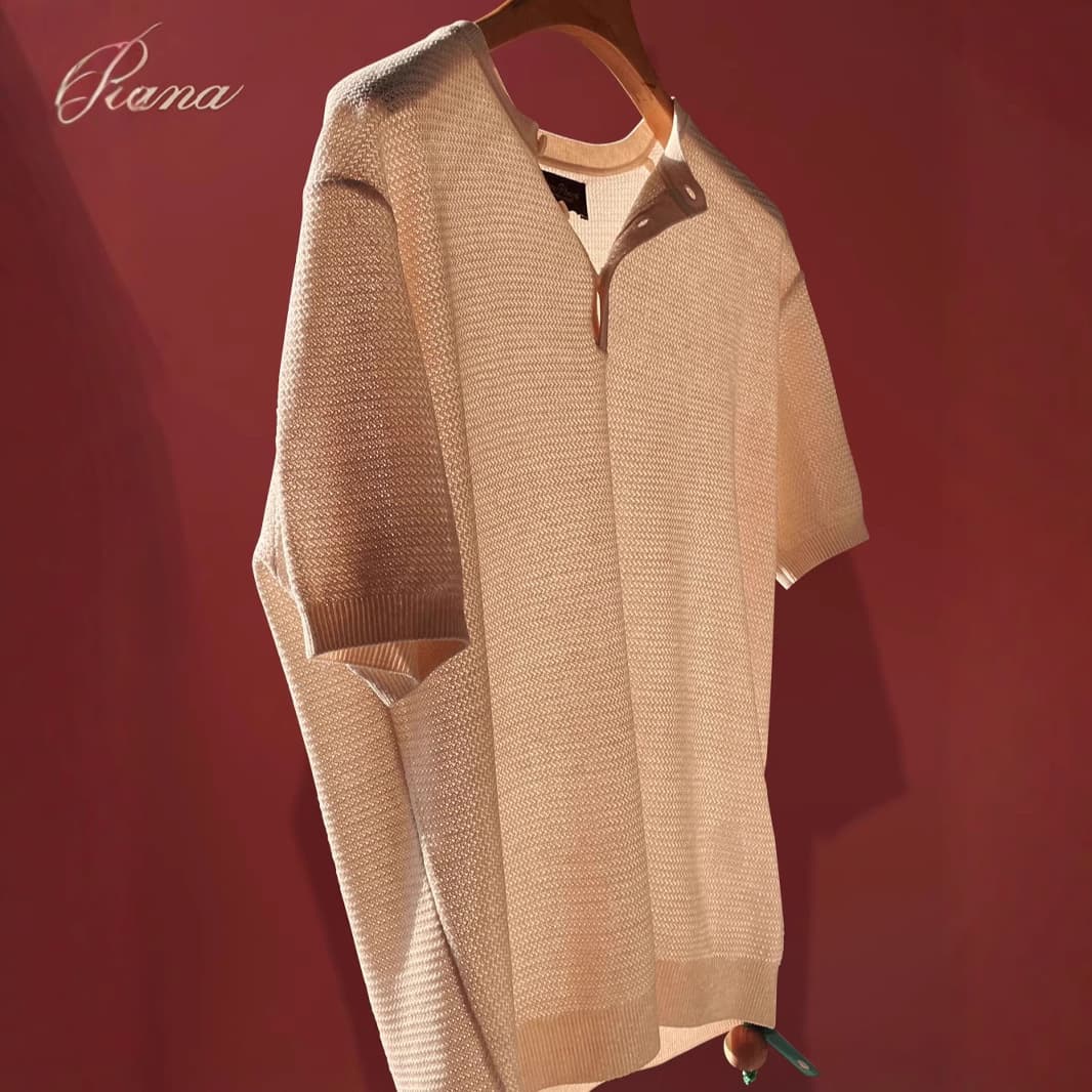 Stylish and Handsome~ Luxury Italian Old Money Style Summer Lyocell Linen Hollow Knit Henley Neck Men's Short Sleeve T-Shirt