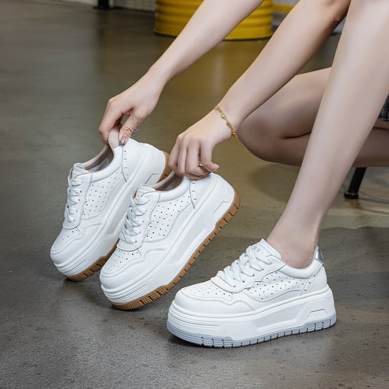 2026 Summer New Style Genuine Leather Hollow-Out White Sneakers with Thick Soles, Height-Increasing, Breathable, Casual Sports Sneakers, Versatile Single Shoes