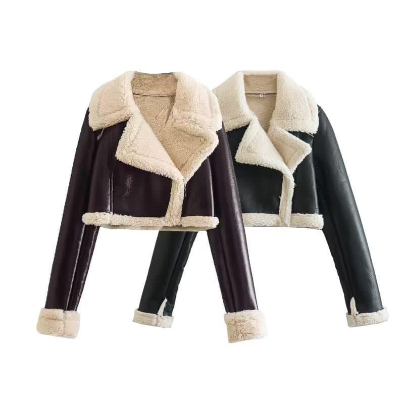 2025 Spring New European and American Style Double-Sided Loose Short Blazer Collar Zipper Trim Faux Fur Leather Jacket