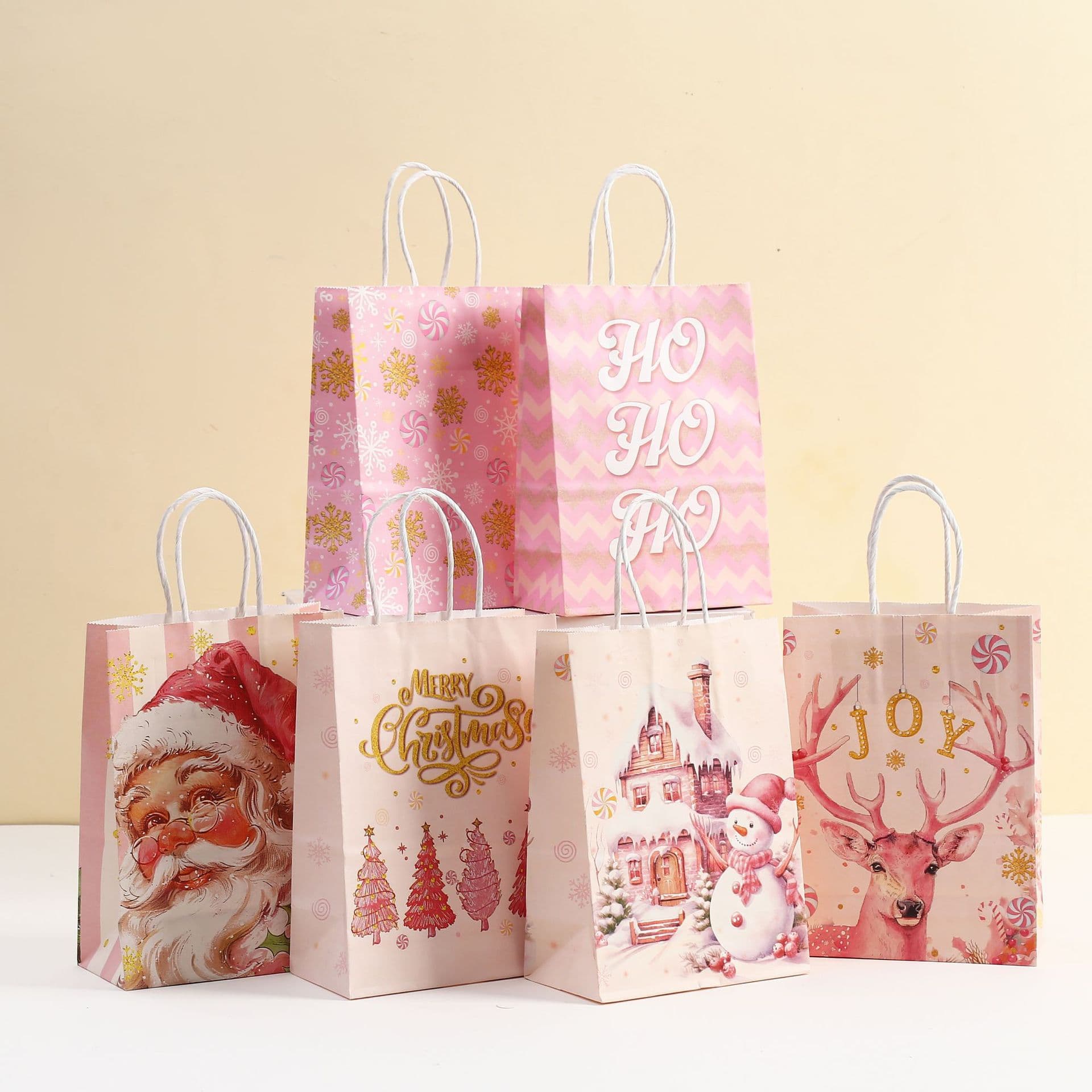 New Cross-Border Christmas Tote Bag Pink Packaging Bag Shopping Bag Kraft Paper Party Candy Gift Bag
