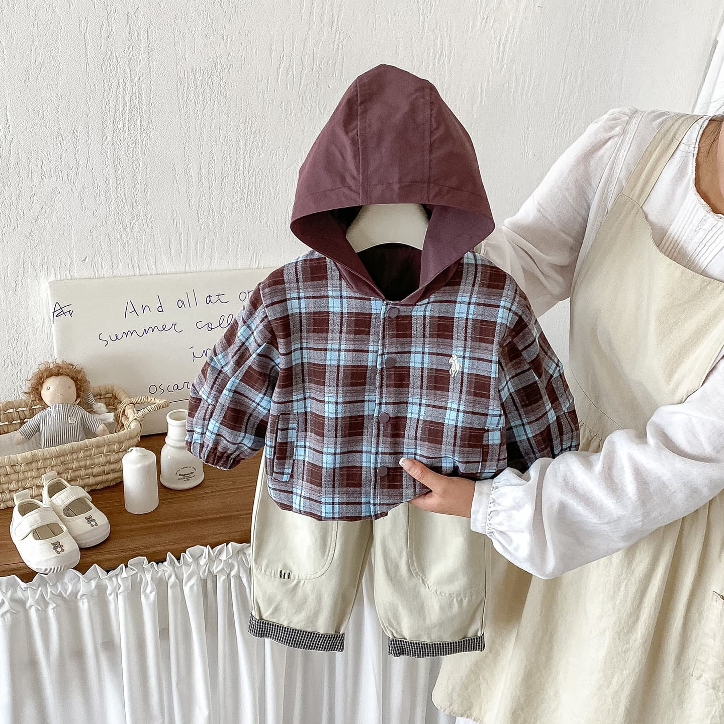 Dianxi Infant Korean Style Warm Hooded Plaid Jacket for Baby Boys Autumn Cuffed Cotton Pants Two-Piece Set