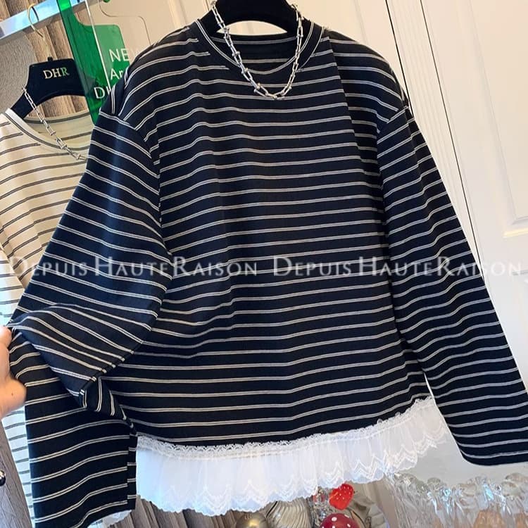 Lace Splicing Black Striped Long-Sleeved T-Shirt for Women Spring & Fall Mid-Length Loose Lazy Style Inner Layering Shirt Top