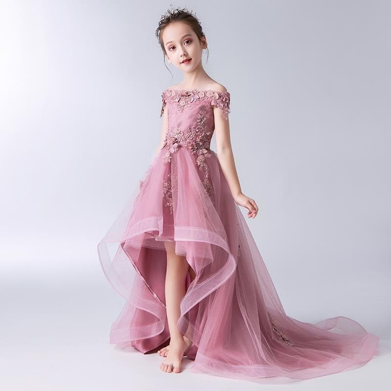 Girls' Performance Host Evening Gown Pink Trailing Princess Dress Children's Summer Performance Dress In Stock