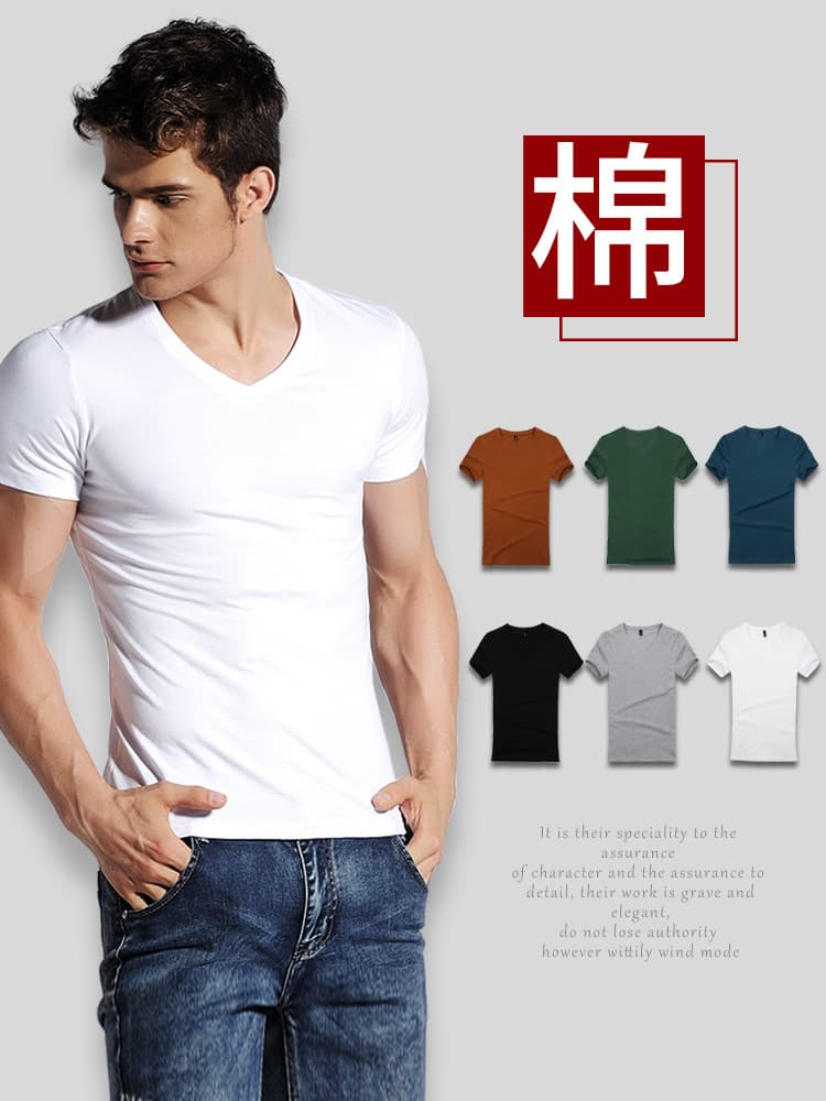 Short Sleeve T-Shirt Men V-Neck Solid White T-Shirt Slim Fit Henley Neck Autumn Winter Inner Wear White Base Layer Shirt Men