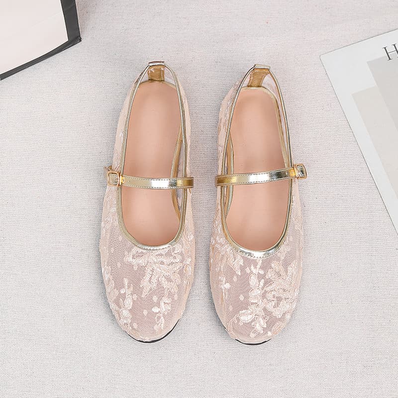 Cross-border Amazon 2026 New Embroidered Mesh Breathable Shallow Mouth Round Toe Flat Sandals Women's Mary Jane Shoes