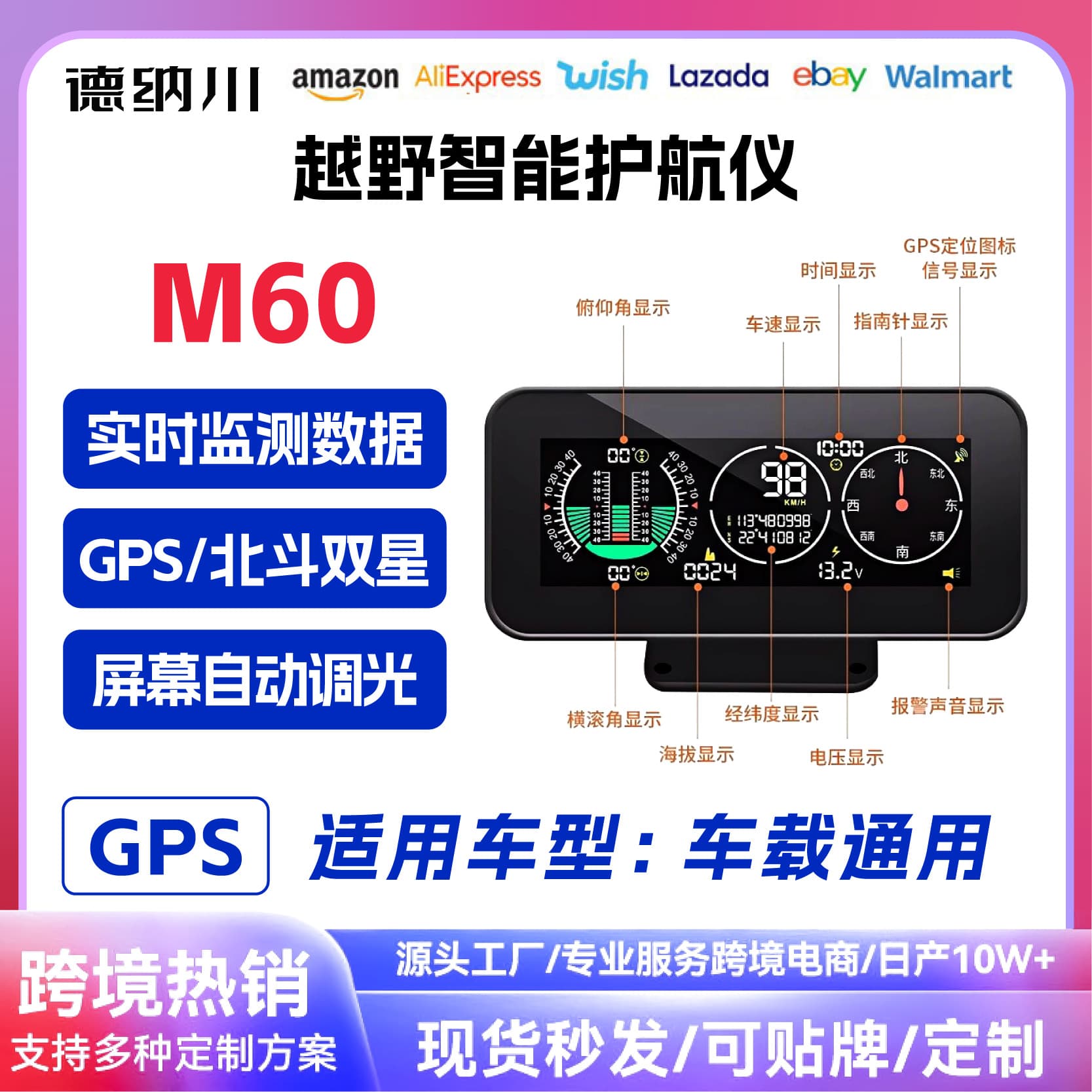 Car Level Slope GPS Compass Voltage Altitude HUD Head up Display ABS PC Heat Resistant Manual Control LED Display for Car Motorcycle