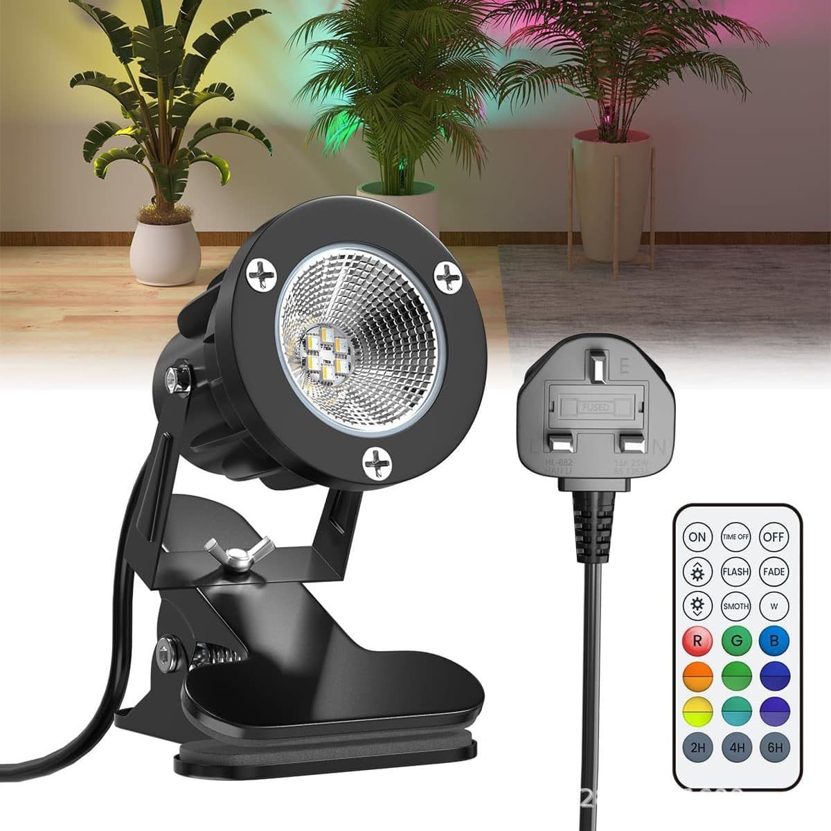RGB spotlight, RF seven-color remote control light, 12W RGB+warm white outdoor lawn light, pool light, colored light.
