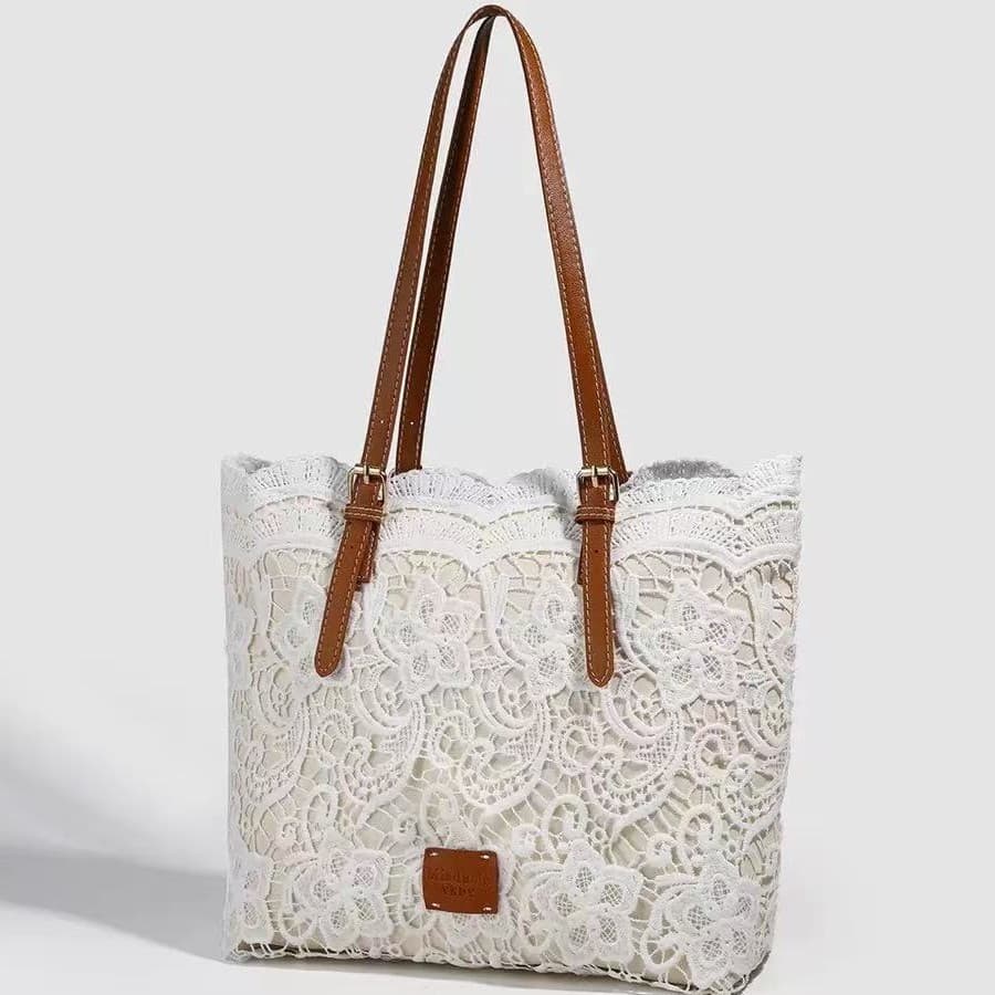 Lace Knitted Flower Beach Bag Seaside Vacation Shoulder Bag Large Capacity Travel Bag Versatile Knit Bag