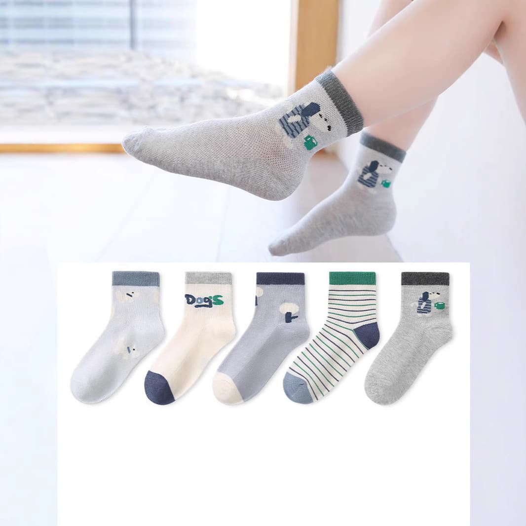 5 Pairs/Set Six-Finger Mouse Spring Summer Children's Socks Boys Breathable Thin Mid-Calf Socks Baby Cartoon Cotton Mesh Socks