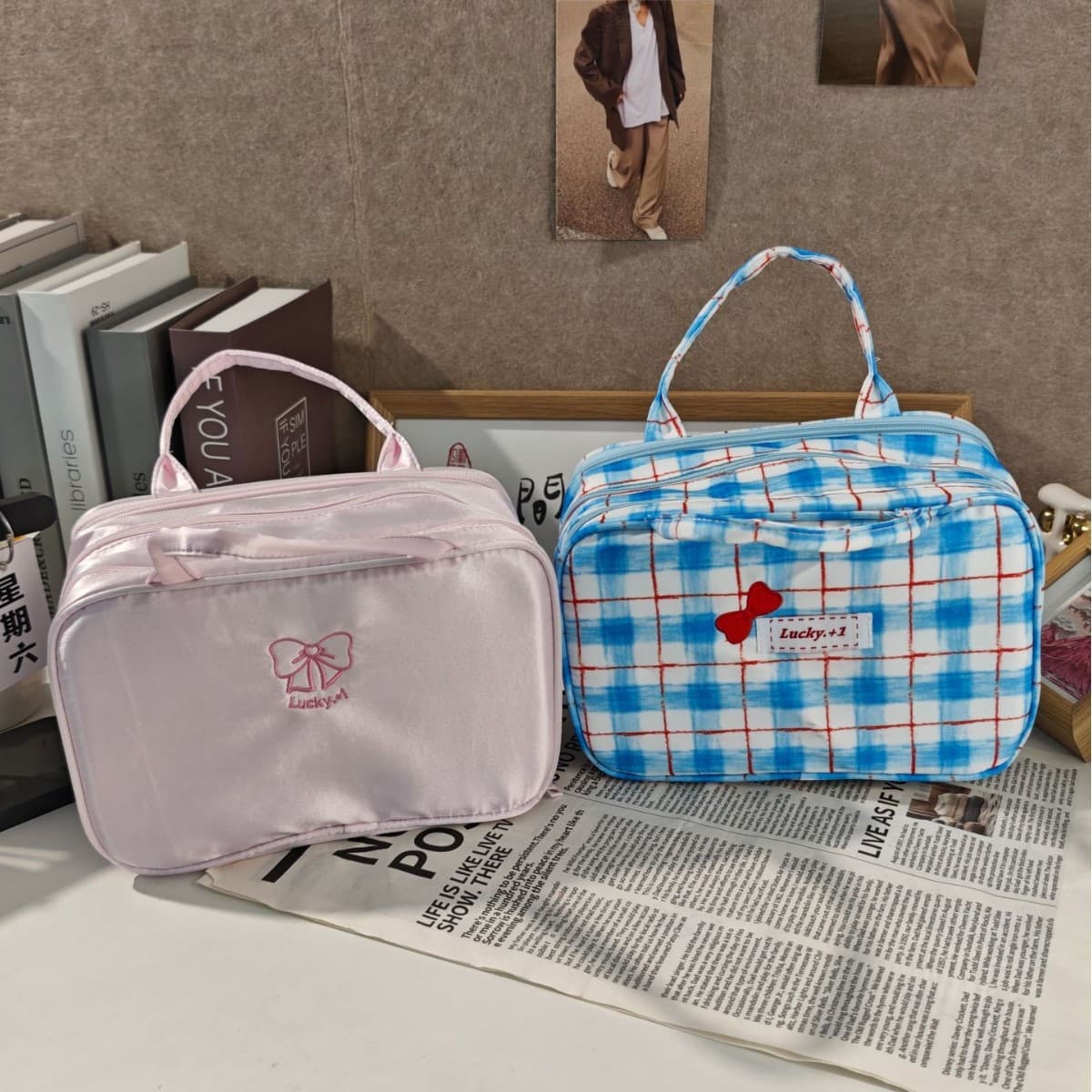 Women's Cosmetic Bag, Portable Large Capacity Travel Double Zipper Organizer, Cute Handbag with Compartments, Double-Layer Toiletry Bag