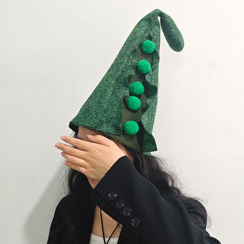 Spring Green Furry Bean Pea Hat Party Costume Hat Festive Celebration Hat Photography Prop Unisex High Top Cap Polyester Fiber